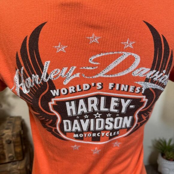 Harley Davidson Y2K Orange Henley Short Sleeve Tee Size S Embellished Biker - Picture 6 of 7